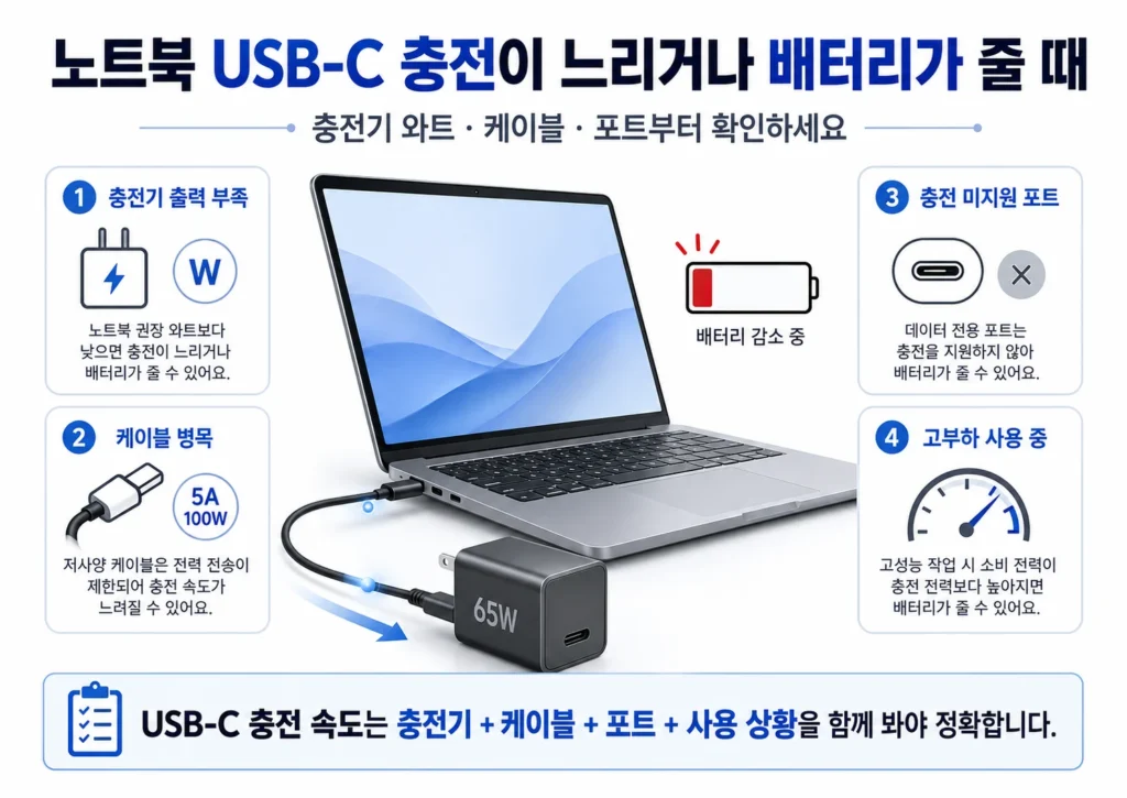 노트북 USB-C 충전이 느릴 때 충전기 출력, 케이블, 충전 포트와 사용 상황을 확인하는 가이드