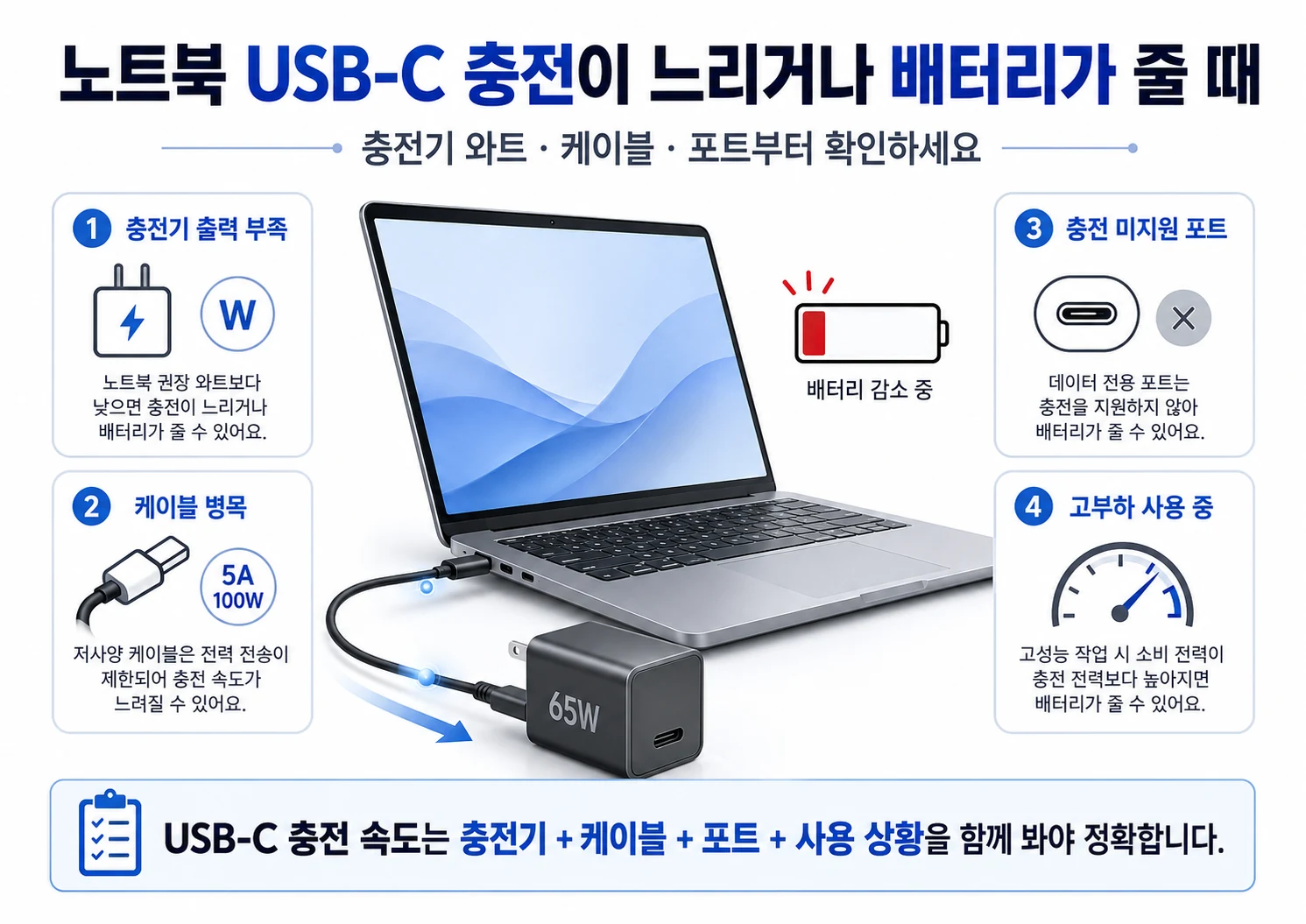 노트북 USB-C 충전이 느릴 때 충전기 출력, 케이블, 충전 포트와 사용 상황을 확인하는 가이드